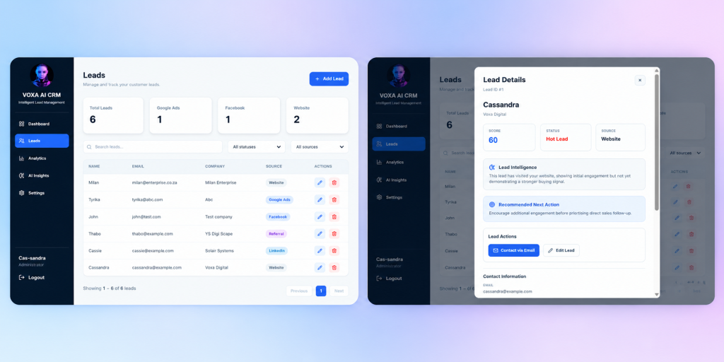 Voxa ai crm dashboard leads